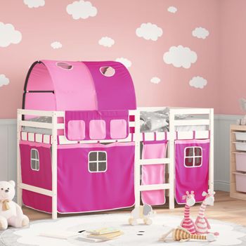 Cama Individual | Cama Infantil | Cama Alta Para Niños Con Túnel Madera Pino Rosa 90x190 Cm Cfw61297