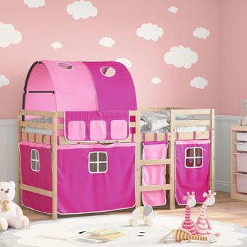 Cama Individual | Cama Infantil | Cama Alta Para Niños Con Túnel Madera Pino Rosa 90x200 Cm Cfw57500