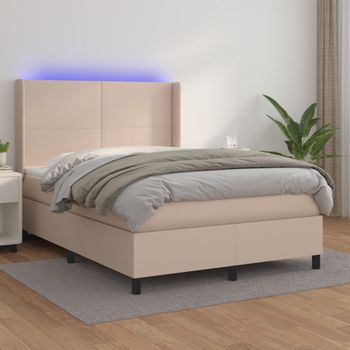 Cama Para Adultos | Cama Box Spring Colchón Led Cuero Sintético Capuchino 140x190cm Cfw881702