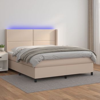 Cama Matrimonial | Cama Para Adultos | Cama Box Spring Colchón Led Cuero Sintético Capuchino 160x200cm Cfw842252