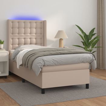 Cama Individual | Cama Para Adultos | Cama Box Spring Colchón Led Cuero Sintético Capuchino 80x200 Cm Cfw36600