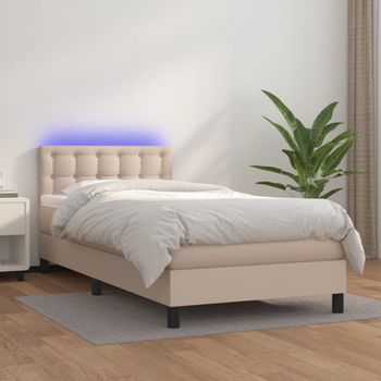 Cama Individual | Cama Para Adultos | Cama Box Spring Colchón Led Cuero Sintético Capuchino 80x200 Cm Cfw297427