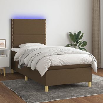 Cama Para Adulto | Cama Individual | Cama Box Spring Colchón Luces Led Tela Marrón Oscuro 100x200cm Cfw909579