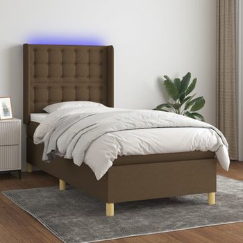 Cama Para Adulto | Cama Individual | Cama Box Spring Colchón Luces Led Tela Marrón Oscuro 100x200cm Cfw249511