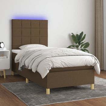 Cama Para Adulto | Cama Individual | Cama Box Spring Colchón Luces Led Tela Marrón Oscuro 100x200cm Cfw749697