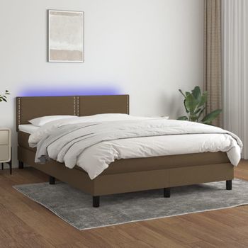 Cama Matrimonial | Cama Para Adultos | Cama Box Spring Colchón Luces Led Tela Marrón Oscuro 140x190 Cm Cfw328753