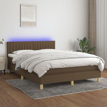 Cama Para Adultos | Cama Box Spring Colchón Luces Led Tela Marrón Oscuro 140x190 Cm Cfw485923