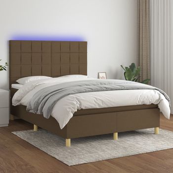 Cama Matrimonial | Cama Para Adultos | Cama Box Spring Colchón Luces Led Tela Marrón Oscuro 140x190 Cm Cfw72947