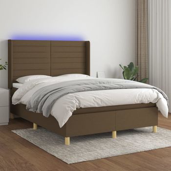 Cama Doble | Cama Box Spring | Cama Para Adultos Colchón Luces Led Tela Marrón Oscuro 140x190 Cm Cfw102040