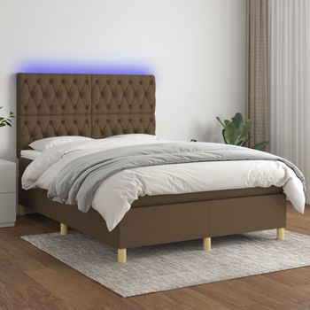 Cama Para Adultos | Cama Box Spring Colchón Luces Led Tela Marrón Oscuro 140x190 Cm Cfw545075