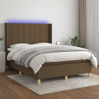 Cama Matrimonial | Cama Para Adultos | Cama Box Spring Colchón Luces Led Tela Marrón Oscuro 140x190 Cm Cfw64836