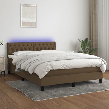 Cama Para Adultos | Cama Box Spring Colchón Luces Led Tela Marrón Oscuro 140x190 Cm Cfw295688