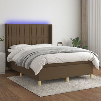 Cama Para Adultos | Cama Box Spring Colchón Luces Led Tela Marrón Oscuro 140x200cm Cfw173531