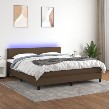 Cama Matrimonial | Cama Para Adultos | Cama Box Spring Colchón Luces Led Tela Marrón Oscuro 160x200cm Cfw659865