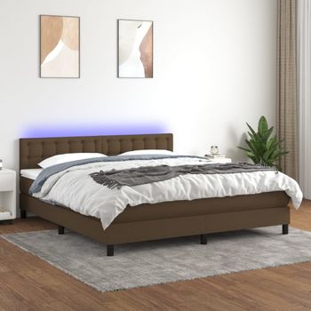 Cama Matrimonial | Cama Para Adultos | Cama Box Spring Colchón Luces Led Tela Marrón Oscuro 160x200cm Cfw20461