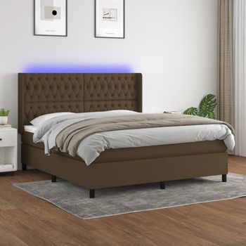 Cama Matrimonial | Cama Para Adultos | Cama Box Spring Colchón Luces Led Tela Marrón Oscuro 180x200cm Cfw16127