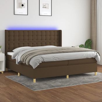 Cama Matrimonial | Cama Para Adultos | Cama Box Spring Colchón Luces Led Tela Marrón Oscuro 200x200 Cm Cfw801413