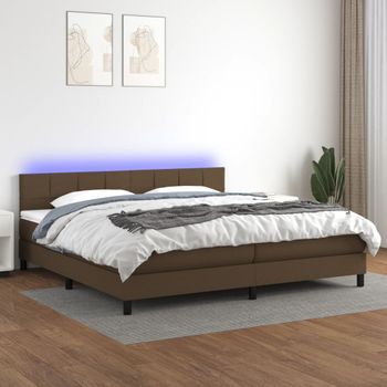 Cama Matrimonial | Cama Para Adultos | Cama Box Spring Colchón Luces Led Tela Marrón Oscuro 200x200 Cm Cfw302364