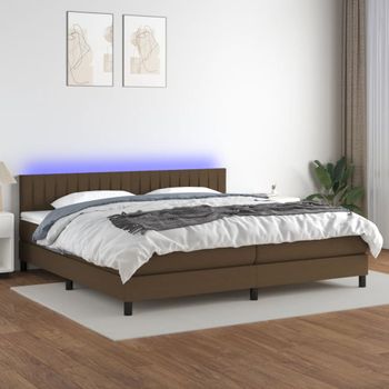 Cama Matrimonial | Cama Para Adultos | Cama Box Spring Colchón Luces Led Tela Marrón Oscuro 200x200 Cm Cfw846142