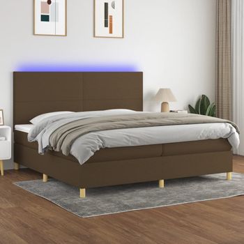 Cama Matrimonial | Cama Para Adultos | Cama Box Spring Colchón Luces Led Tela Marrón Oscuro 200x200 Cm Cfw517678