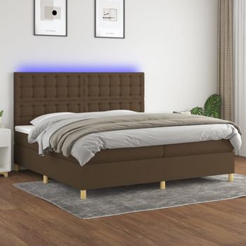 Cama Matrimonial | Cama Para Adultos | Cama Box Spring Colchón Luces Led Tela Marrón Oscuro 200x200 Cm Cfw856774