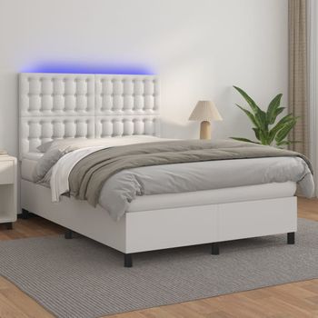 Cama Matrimonial | Cama Para Adultos | Cama Box Spring Colchón Y Led Cuero Sintético Blanco 140x190 Cm Cfw14455