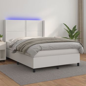 Cama Matrimonial | Cama Para Adultos | Cama Box Spring Colchón Y Led Cuero Sintético Blanco 140x190 Cm Cfw221068