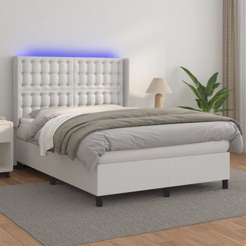 Cama Matrimonial | Cama Para Adultos | Cama Box Spring Colchón Y Led Cuero Sintético Blanco 140x190 Cm Cfw94858