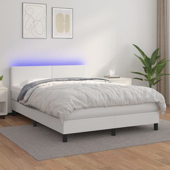 Cama Doble | Cama Box Spring | Cama Para Adultos Colchón Y Led Cuero Sintético Blanco 140x190 Cm Cfw145232