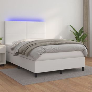 Cama Matrimonial | Cama Para Adultos | Cama Box Spring Colchón Y Led Cuero Sintético Blanco 140x190 Cm Cfw603965