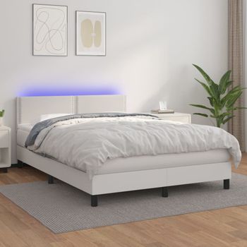 Cama Matrimonial | Cama Para Adultos | Cama Box Spring Colchón Y Led Cuero Sintético Blanco 140x190 Cm Cfw823629