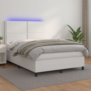 Cama Matrimonial | Cama Para Adultos | Cama Box Spring Colchón Y Led Cuero Sintético Blanco 140x190 Cm Cfw684542