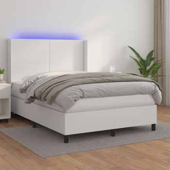 Cama Matrimonial | Cama Para Adultos | Cama Box Spring Colchón Y Led Cuero Sintético Blanco 140x190 Cm Cfw168074