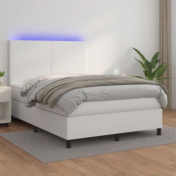 Cama Matrimonial | Cama Para Adultos | Cama Box Spring Colchón Y Led Cuero Sintético Blanco 140x200 Cm Cfw939178