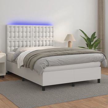 Cama Matrimonial | Cama Para Adultos | Cama Box Spring Colchón Y Led Cuero Sintético Blanco 140x200 Cm Cfw62138