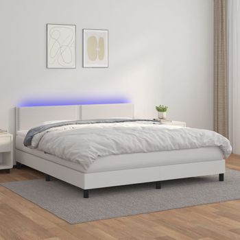 Cama Doble | Cama Box Spring | Cama Para Adultos Colchón Y Led Cuero Sintético Blanco 160x200 Cm Cfw637874