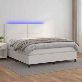 Cama Doble | Cama Box Spring | Cama Para Adultos Colchón Y Led Cuero Sintético Blanco 180x200 Cm Cfw327090