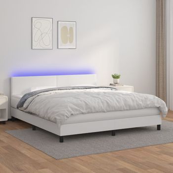 Cama Doble | Cama Box Spring | Cama Para Adultos Colchón Y Led Cuero Sintético Blanco 180x200 Cm Cfw426861