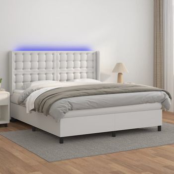 Cama Doble | Cama Box Spring | Cama Para Adultos Colchón Y Led Cuero Sintético Blanco 180x200 Cm Cfw473816