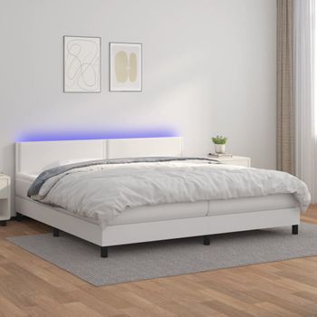 Cama Doble | Cama Box Spring | Cama Para Adultos Colchón Y Led Cuero Sintético Blanco 200x200 Cm Cfw523802