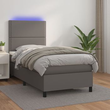 Cama Para Adultos | Cama Box Spring Colchón Y Led Cuero Sintético Gris 100x200 Cm Cfw665359