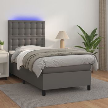 Cama Individual | Cama Box Spring | Cama Para Adultos Colchón Y Led Cuero Sintético Gris 100x200 Cm Cfw994738