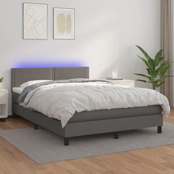 Cama Matrimonial | Cama Para Adultos | Cama Box Spring Colchón Y Led Cuero Sintético Gris 140x200 Cm Cfw205793