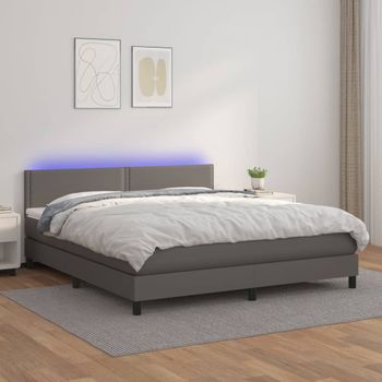 Cama Doble | Cama Box Spring | Cama Para Adultos Colchón Y Led Cuero Sintético Gris 160x200 Cm Cfw383361