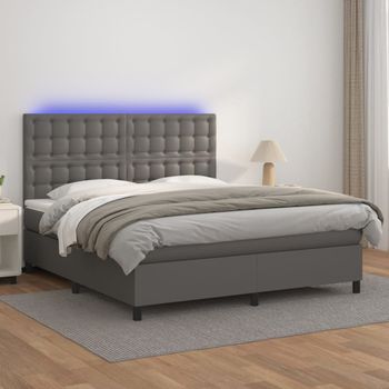 Cama Doble | Cama Box Spring | Cama Para Adultos Colchón Y Led Cuero Sintético Gris 180x200 Cm Cfw777072