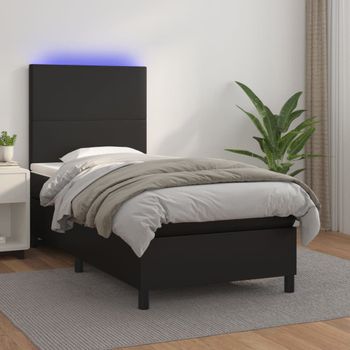 Cama Individual | Cama Box Spring | Cama Para Adultos Colchón Y Led Cuero Sintético Negro 100x200 Cm Cfw280744