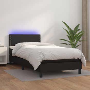 Cama Individual | Cama Box Spring | Cama Para Adultos Colchón Y Led Cuero Sintético Negro 100x200 Cm Cfw612907