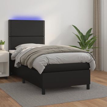 Cama Para Adultos | Cama Box Spring Colchón Y Led Cuero Sintético Negro 100x200 Cm Cfw816256