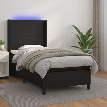 Cama Individual | Cama Box Spring | Cama Para Adultos Colchón Y Led Cuero Sintético Negro 100x200 Cm Cfw792500