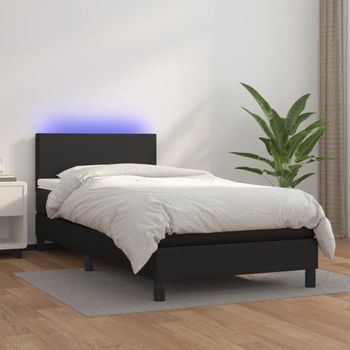 Cama Individual | Cama Box Spring | Cama Para Adultos Colchón Y Led Cuero Sintético Negro 100x200 Cm Cfw465897